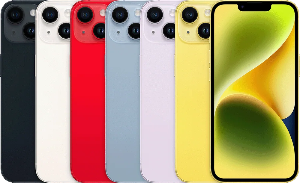 iPhone 14 — Midnight, starlight, (PRODUCT)RED, blue, purple, yellow